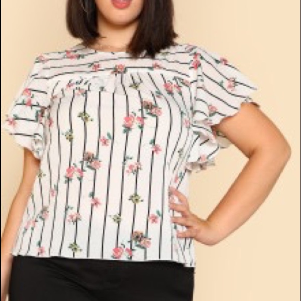 Flutter Sleeve Floral & Striped Top
